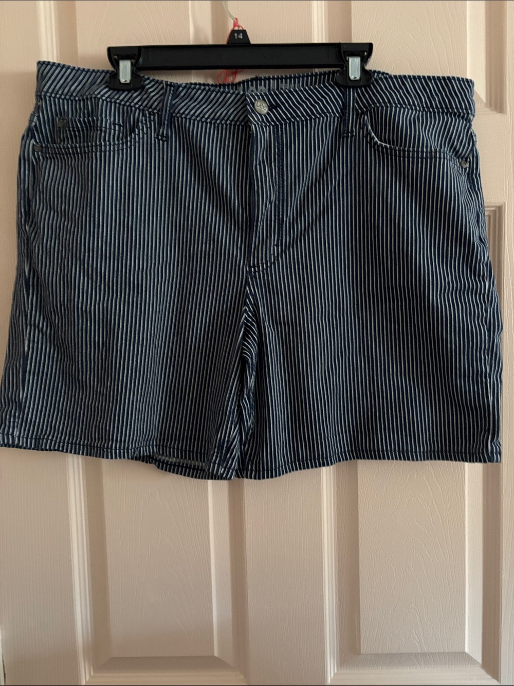 Lee Women's Blue and White Pinstripe Bermuda Shorts